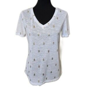 Company Ellen Tracy  White & Gold Pineapples, V-neck Tee, T-shirt, Small